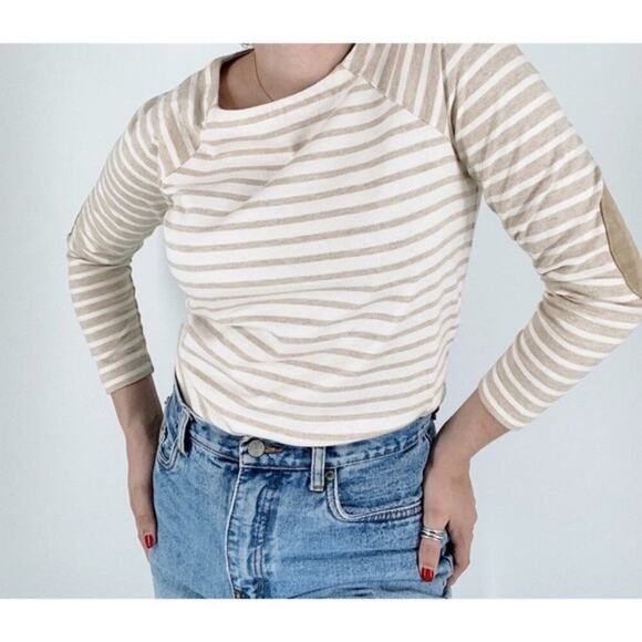 Vineyard Vines Tan & Cream Heather Suede Elbow Stripe Top Size XXS - Picture 2 of 4